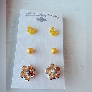 3 Piece Stud Earring Set - Flower - Bows